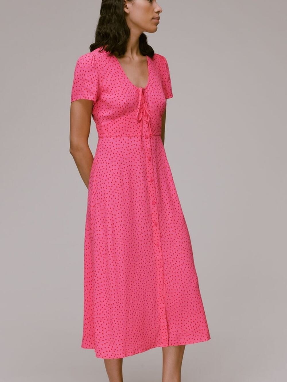 Whistles Heidi Polka Dot Midi Dress Pink Red Spot Print Viscose NWT Sz 4